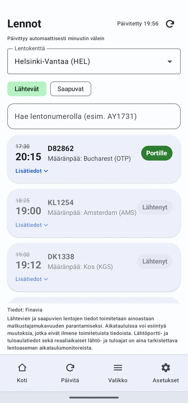 Lennot — lähtevät lennot Helsinki-Vantaalta
