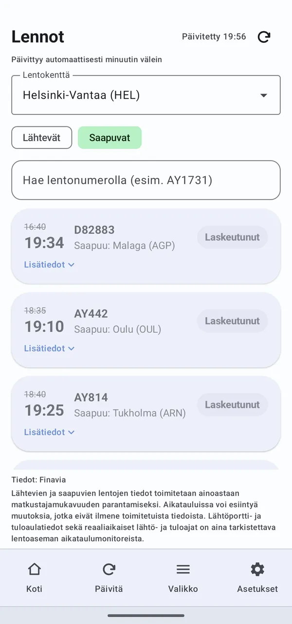 Lennot — saapuvat lennot Helsinki-Vantaalle